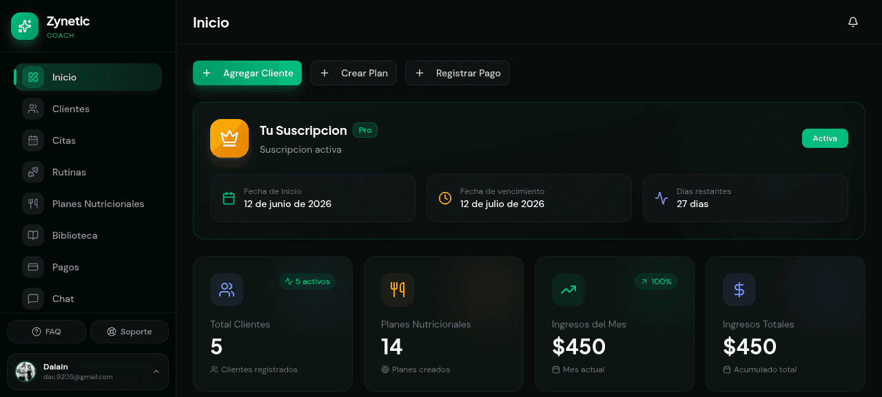 Panel de control de Zynetic Coach