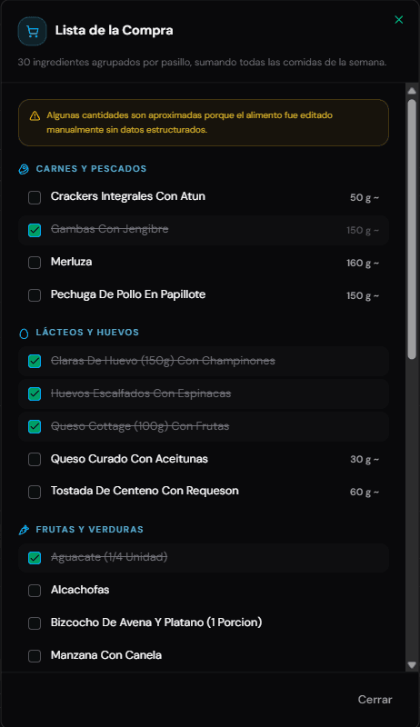 Lista de compra asociada a un plan nutricional en Zynetic Coach