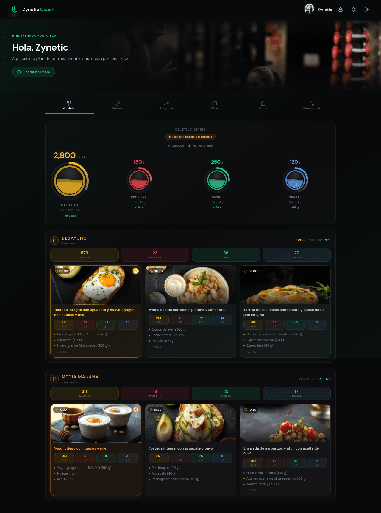 Portal web Zynetic — Nutrición: objetivo diario de calorías, proteínas, carbos y grasas
