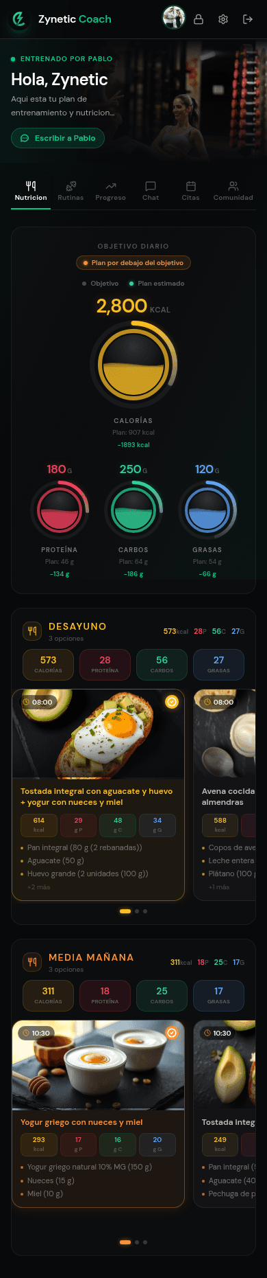 App móvil Zynetic — Nutrición: calorías, macros y plan de comidas personalizado
