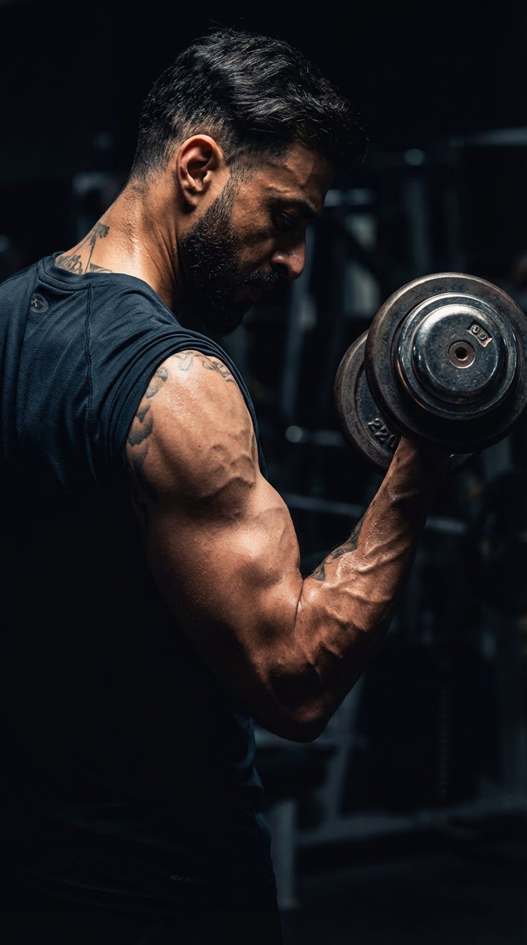 Hombre entrenando bíceps con una mancuerna en un gimnasio oscuro