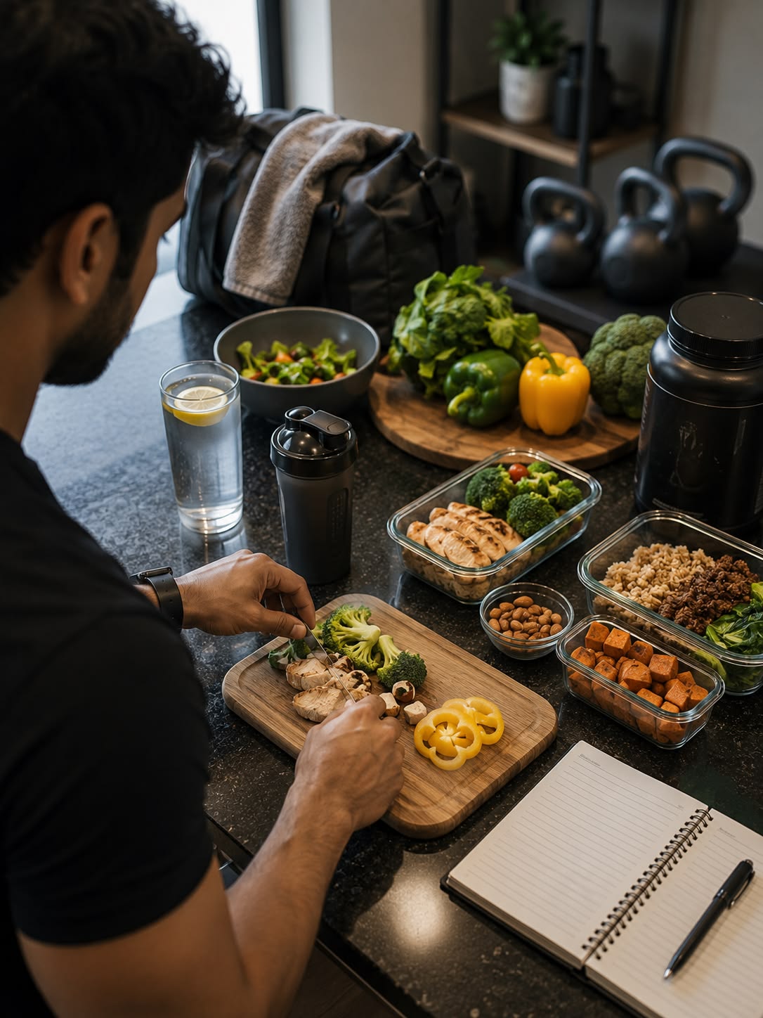 Hombre preparando comidas saludables y organizando su alimentación