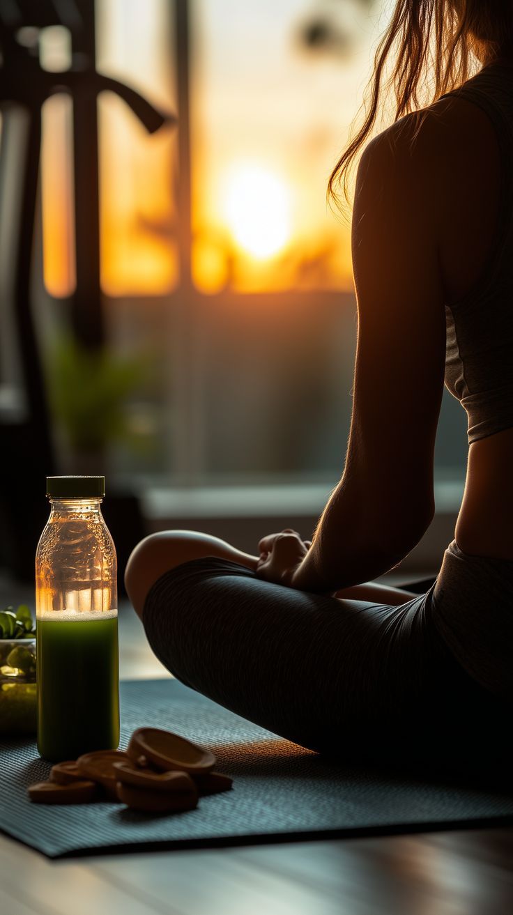 Mujer sentada sobre una esterilla junto a una bebida verde al atardecer